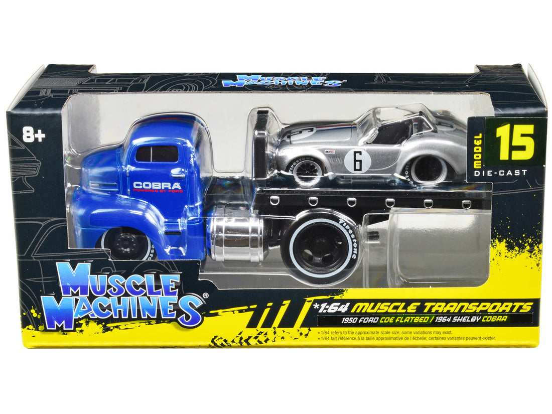 1950 Ford COE Flatbed Truck Blue "Cobra Powered by Ford" and 1964 Shelby Cobra #6 Silver Metallic with Stripes "Muscle Transports" Series 1/64 Diecast Model Cars by Muscle Machines-2