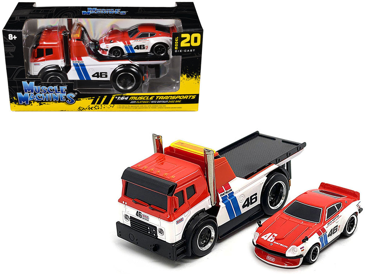 JDM Flatbed Truck #46 Red and White with Blue Stripes and 1972 Datsun 240Z #46 Red and White with Blue Stripes "BRE" "Muscle Transports" Series 1/64 Diecast Models by Muscle Machines-0