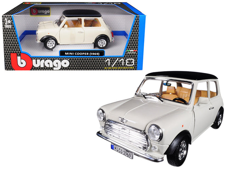 1969 Mini Cooper Beige with Black Top 1/18 Diecast Model Car by Bburago-0