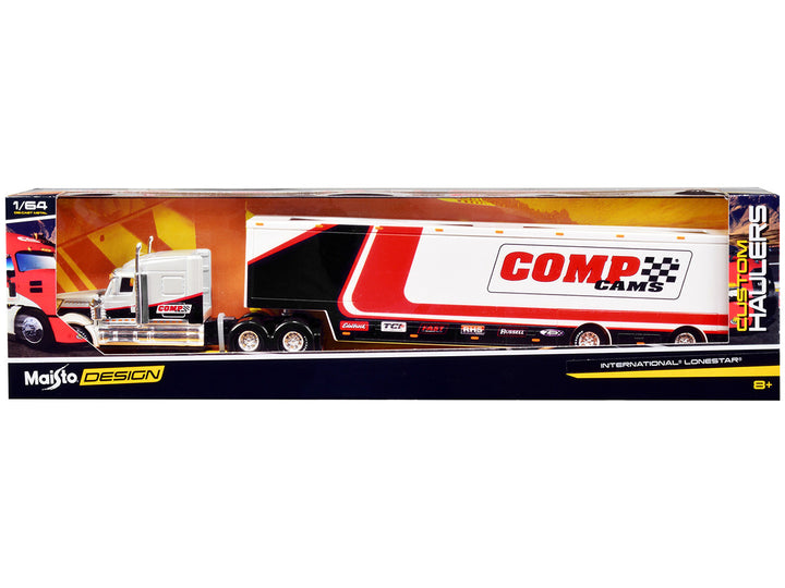 International LoneStar Enclosed Car Transporter "Comp Cams" White and Black with Stripes "Custom Haulers" Series 1/64 Diecast Model by Maisto-0