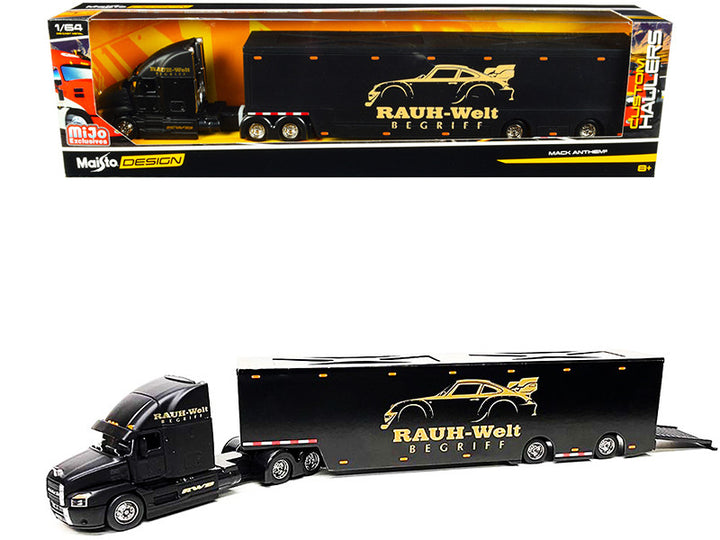 Mack Anthem Enclosed Car Transporter "RAUH-Welt BEGRIFF" (RWB) Matt Black "Custom Haulers" Series 1/64 Diecast Model by Maisto-0