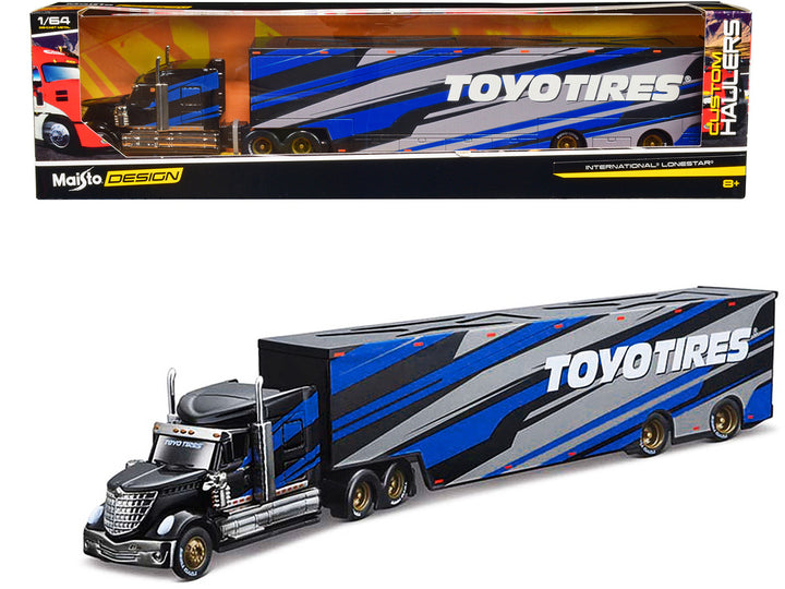 International LoneStar Enclosed Car Transporter "Toyo Tires" Black with Blue and Gray Stripes "Custom Haulers" Series 1/64 Diecast Model by Maisto-0