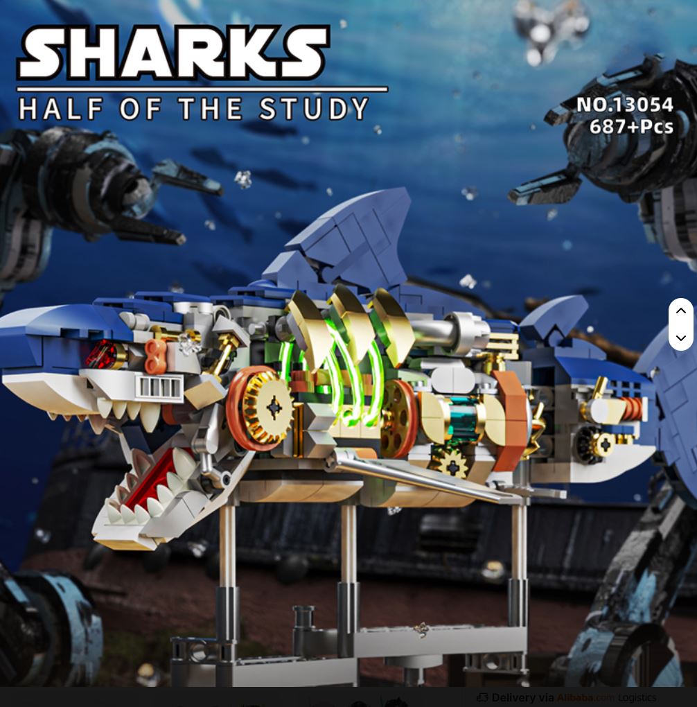 Mechanical shark 696-piece LEGO-compatible building set with exposed gears and LED lights