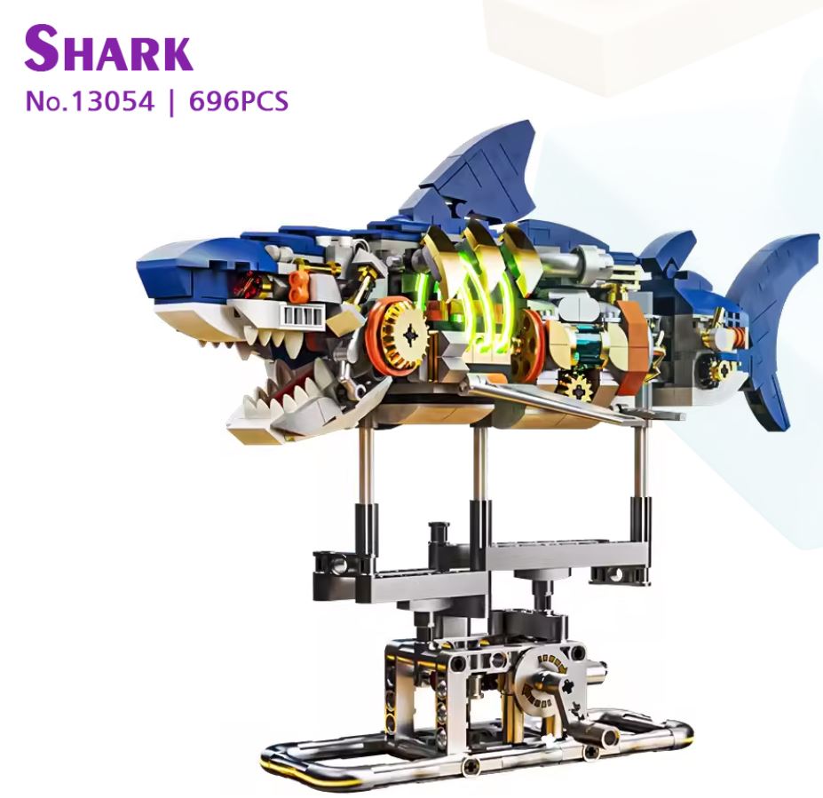 Mechanical shark building block model 13054 on display stand with internal mechanical details