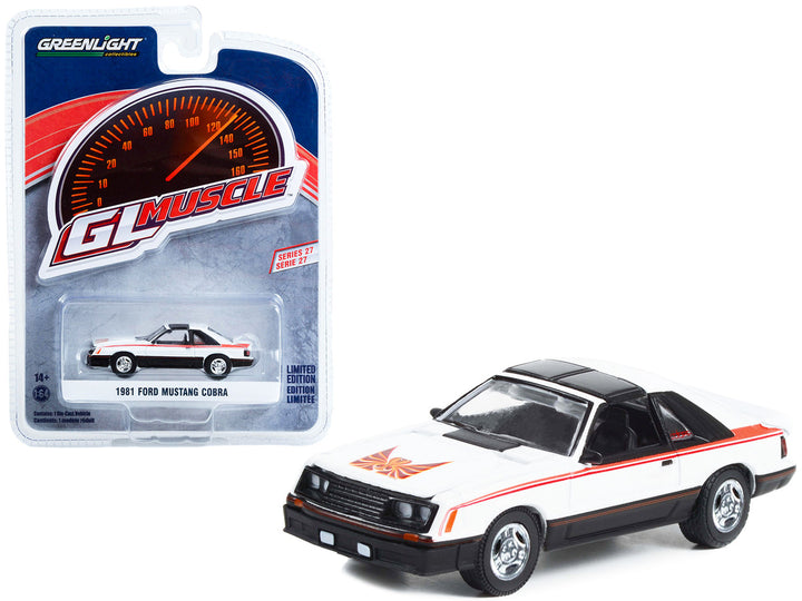 1981 Ford Mustang Cobra Polar White and Black with Red Stripes "Greenlight Muscle" Series 27 1/64 Diecast Model Car by Greenlight-0