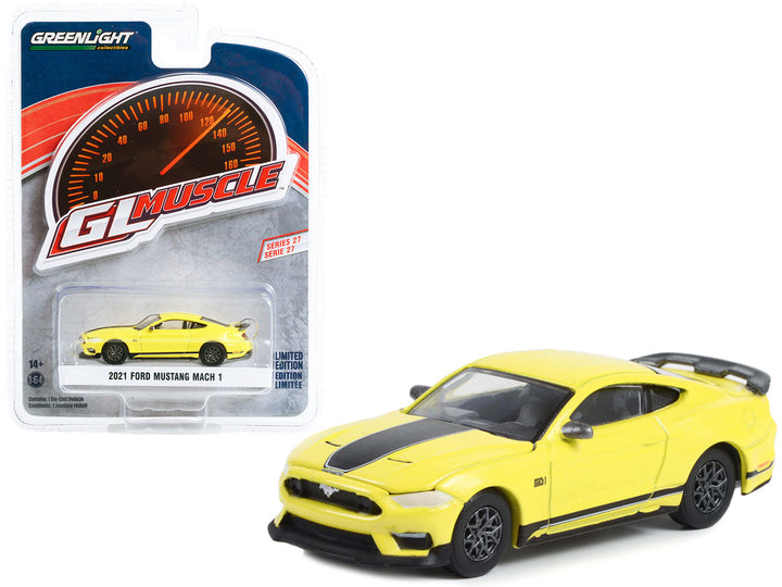 2021 Ford Mustang Mach 1 Grabber Yellow with Black Stripes "Greenlight Muscle" Series 27 1/64 Diecast Model Car by Greenlight-0