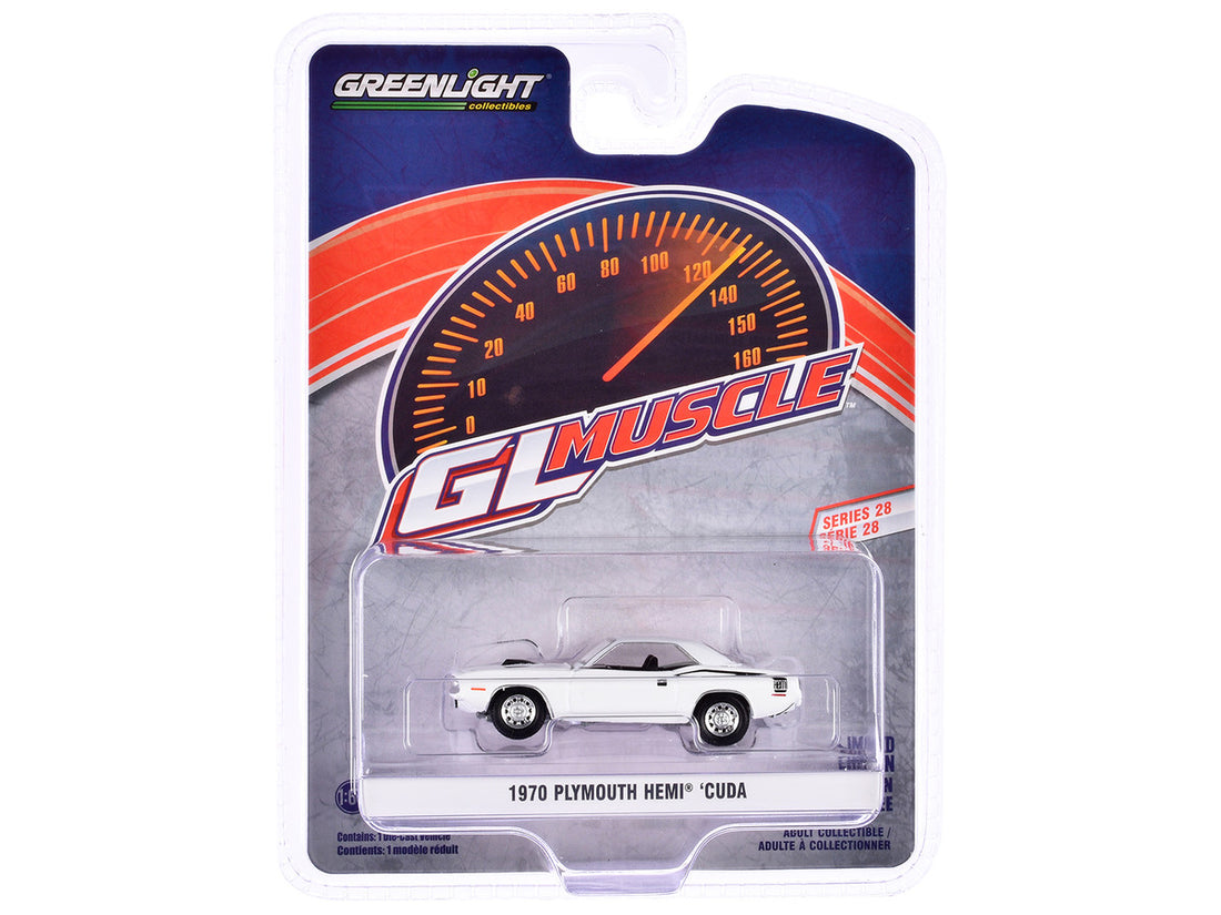 1970 Plymouth Hemi Barracuda Alpine White with Black Stripes "GreenLight Muscle" Series 28 1/64 Diecast Model Car by Greenlight-2