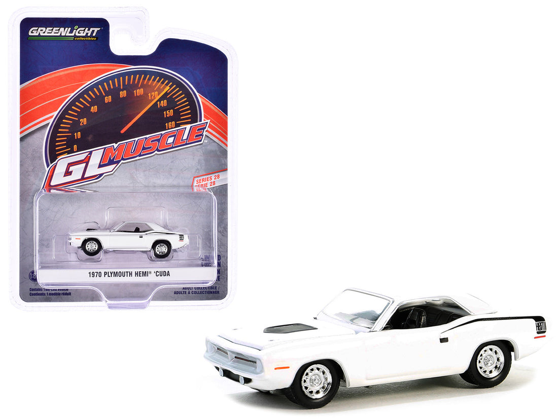 1970 Plymouth Hemi Barracuda Alpine White with Black Stripes "GreenLight Muscle" Series 28 1/64 Diecast Model Car by Greenlight-0