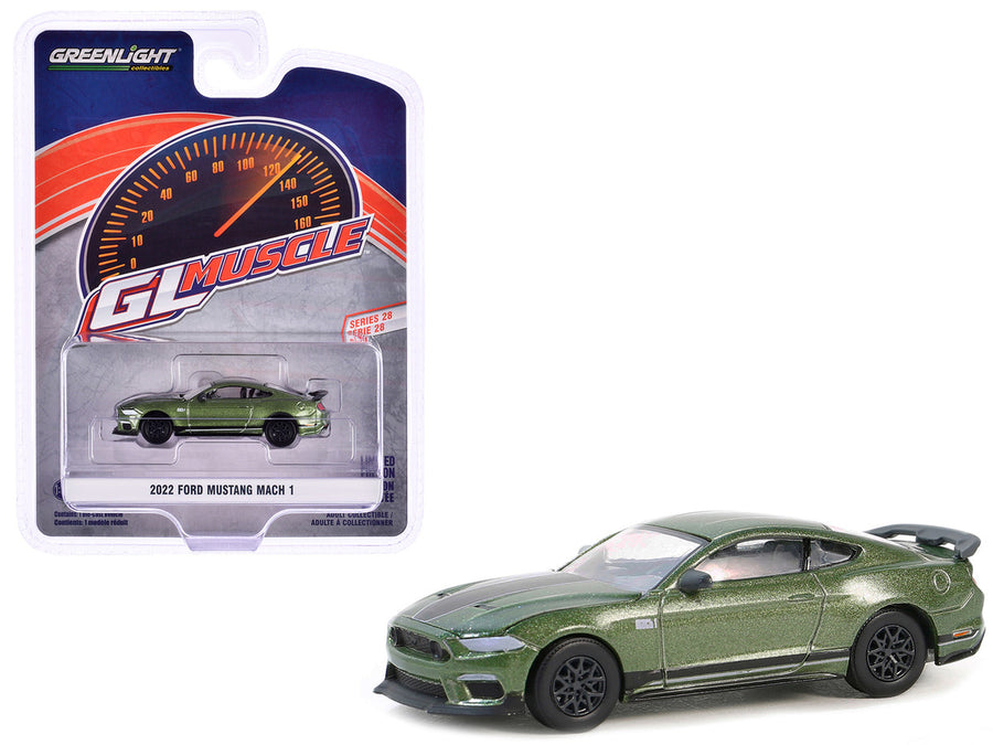 2022 Ford Mustang Mach 1 Eruption Green Metallic with Black Stripes "GreenLight Muscle" Series 28 1/64 Diecast Model Car by Greenlight-0