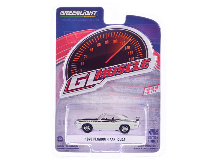 1970 Plymouth AAR Barracuda Alpine White with Stripes "GreenLight Muscle" Series 29 1/64 Diecast Model Car by Greenlight-0