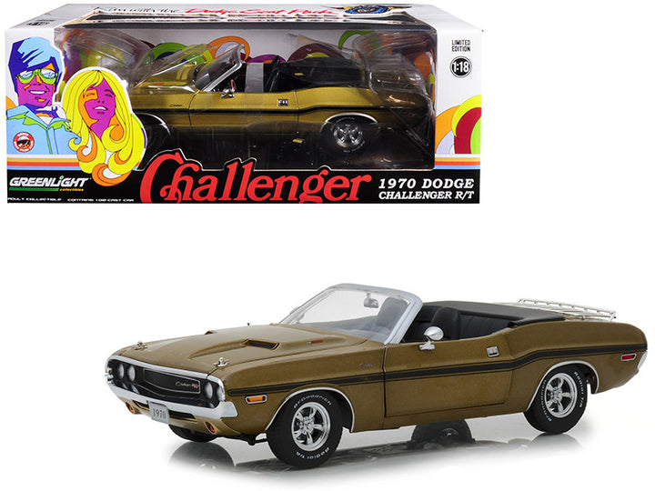 1970 Dodge Challenger R/T Convertible with Luggage Rack Metallic Gold with Black Stripes 1/18 Diecast Model Car by Greenlight-0