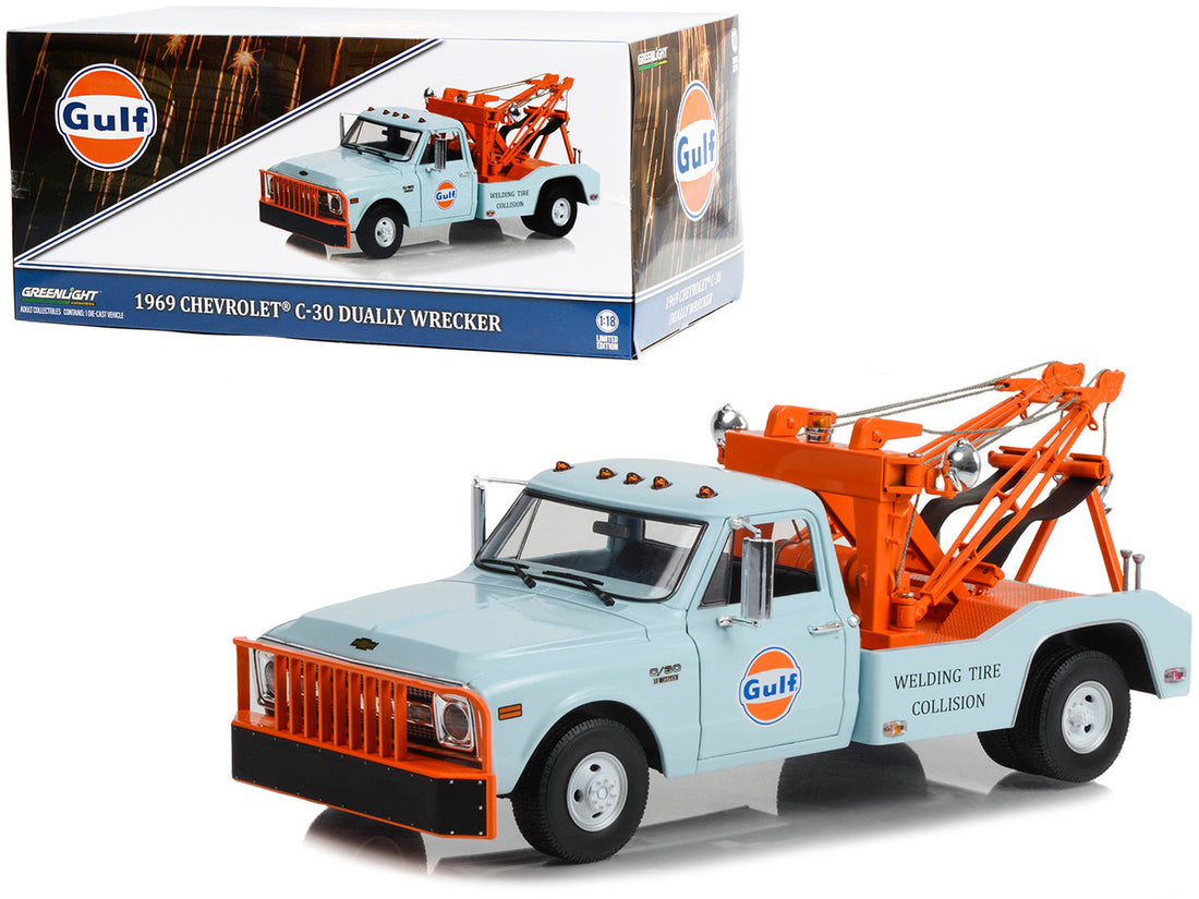 1969 Chevrolet C-30 Dually Wrecker Tow Truck "Gulf Oil Welding Tire Collision" Light Blue with Orange 1/18 Diecast Car Model by Greenlight-0