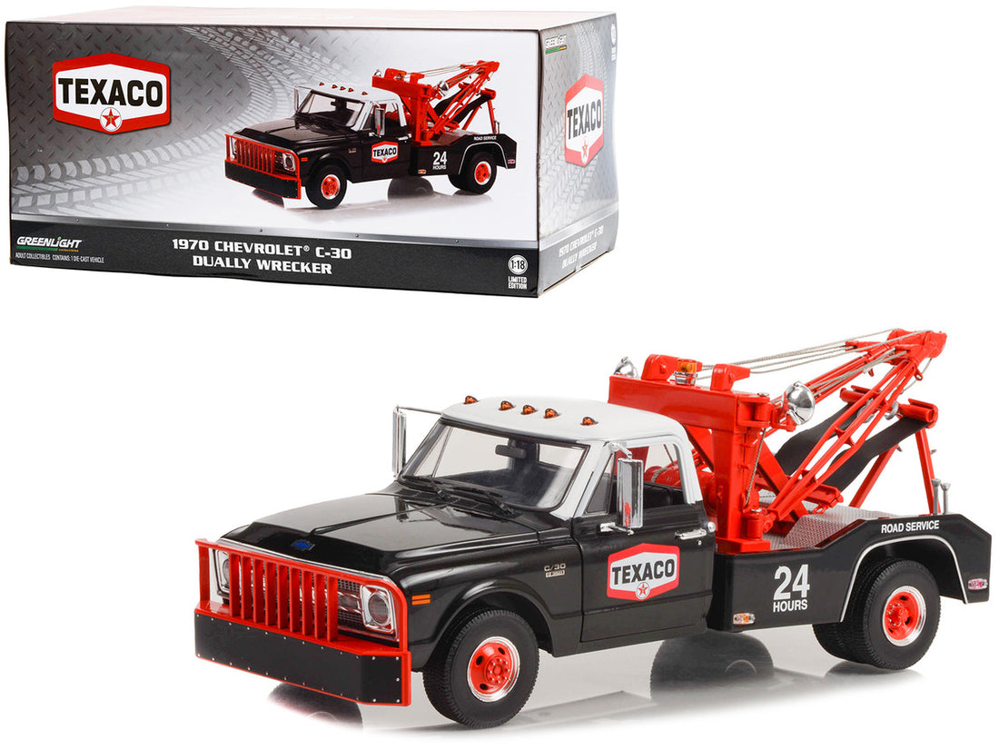 1970 Chevrolet C-30 Dually Wrecker Tow Truck "Texaco 24 Hour Road Service" Black with White Top 1/18 Diecast Model Car by Greenlight-0