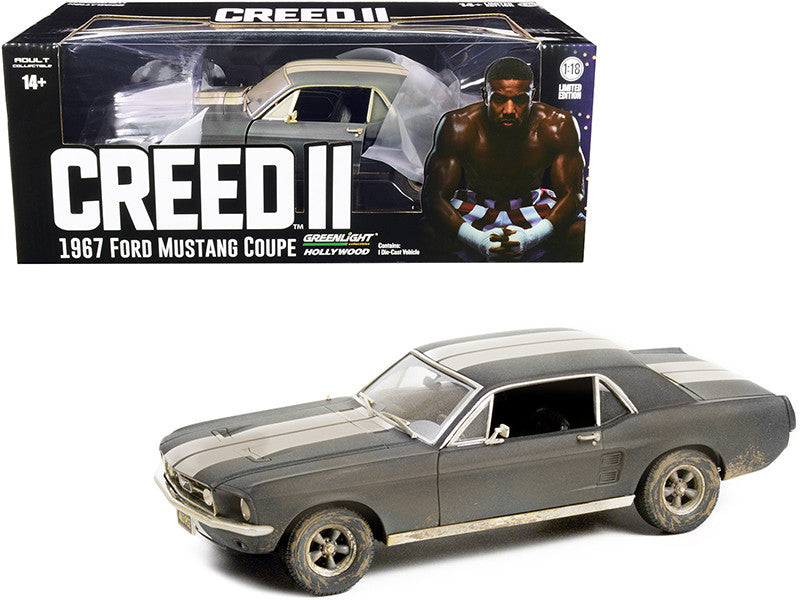 1967 Ford Mustang Coupe Matt Black with White Stripes (Weathered) (Adonis Creed's) "Creed II" (2018) Movie 1/18 Diecast Model Car by Greenlight-0