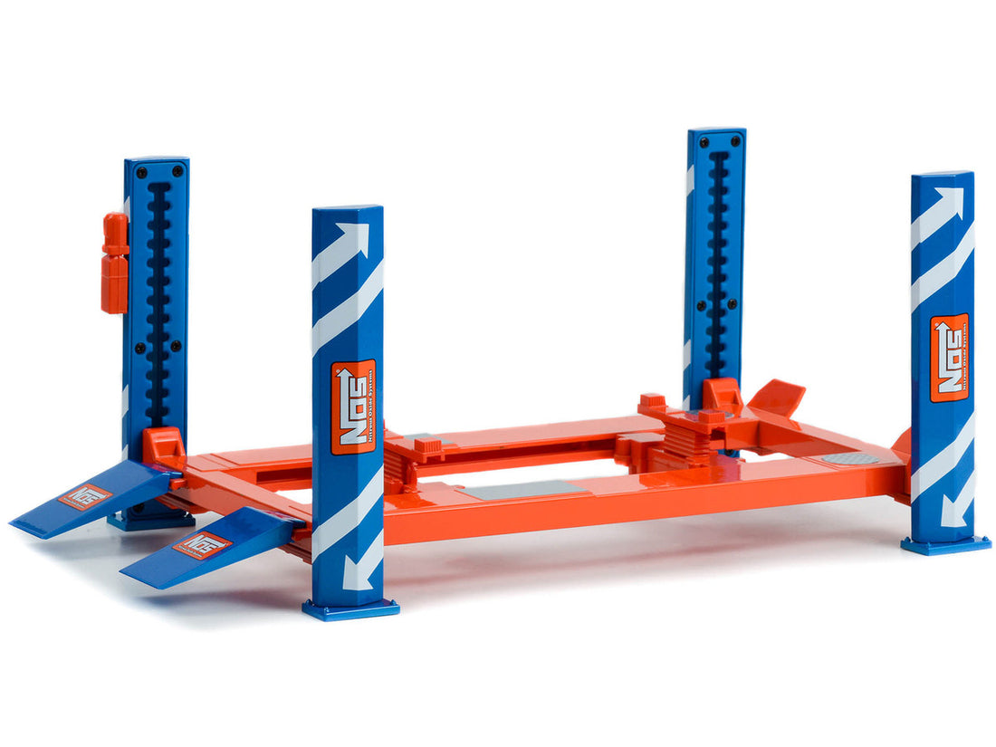 Adjustable Four Post Lift "NOS Nitrous Oxide Systems" Blue and Orange for 1/18 Scale Model Cars by Greenlight-1