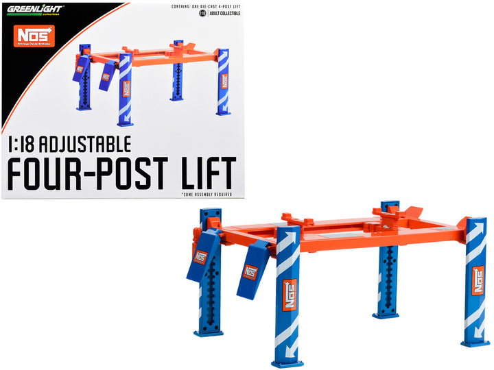 Adjustable Four Post Lift "NOS Nitrous Oxide Systems" Blue and Orange for 1/18 Scale Model Cars by Greenlight-0