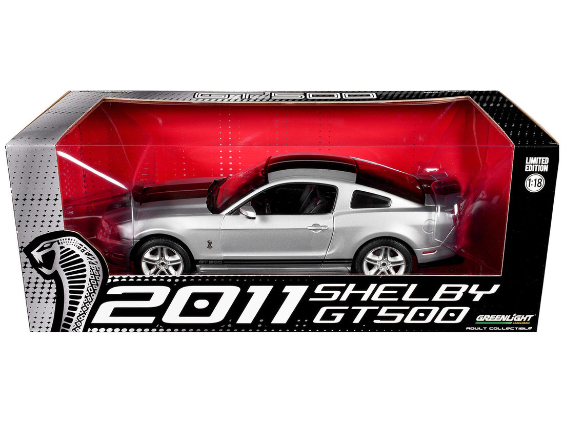 2011 Shelby GT500 Ingot Silver Metallic with Black Stripes 1/18 Diecast Model Car by Greenlight-1