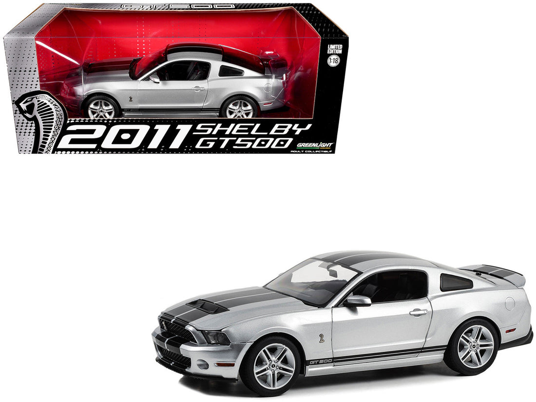 2011 Shelby GT500 Ingot Silver Metallic with Black Stripes 1/18 Diecast Model Car by Greenlight-2