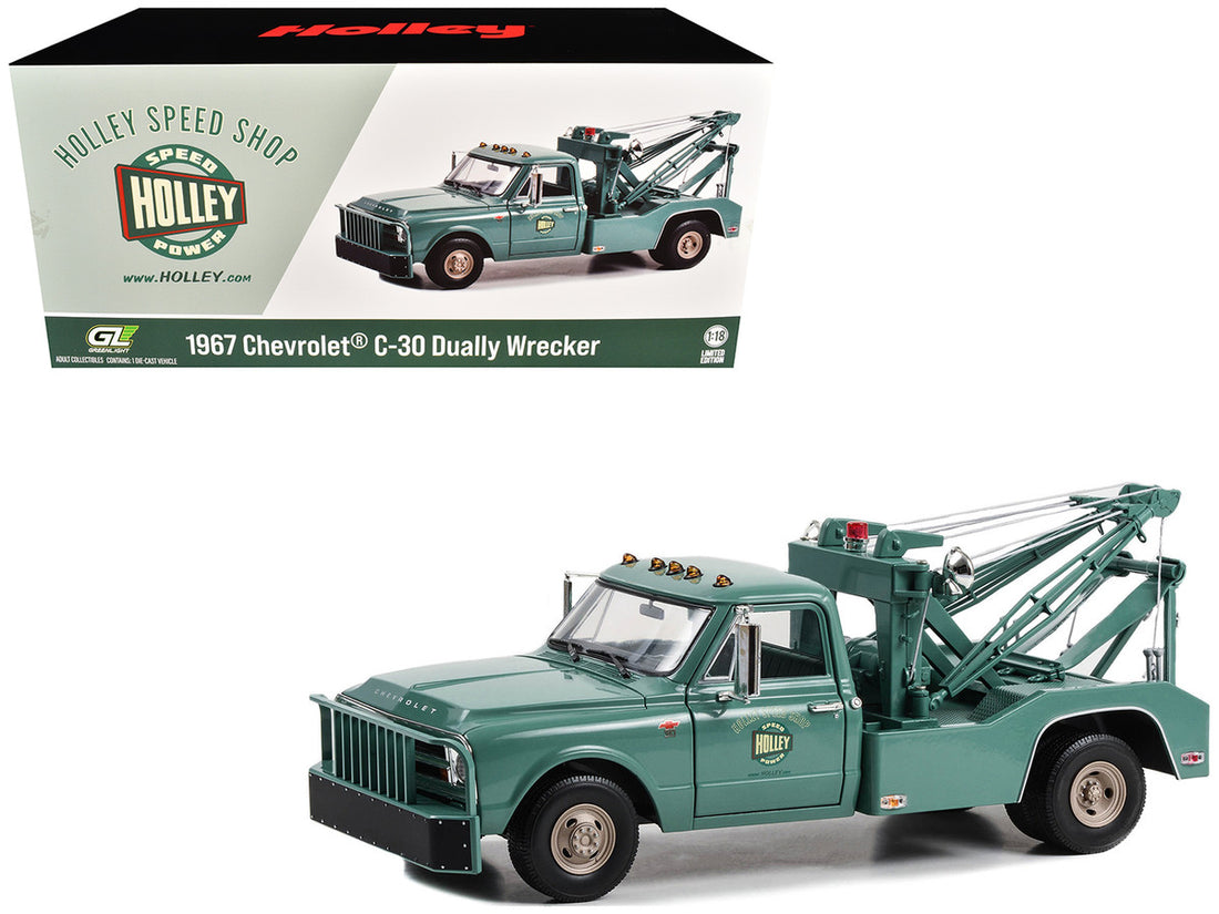 1967 Chevrolet C-30 Dually Wrecker Tow Truck "Holley Speed Shop" Green 1/18 Diecast Model Car by Greenlight-0