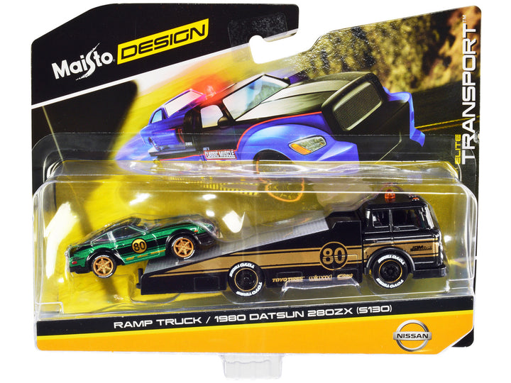 Ramp Truck #80 Dark Gray Metallic with Gold Metallic Stripes "JDM Garage" and 1980 Datsun 280ZX (S130) #80 Green Metallic with Stripes "Elite Transport" Series 1/64 Diecast Models by Maisto-0