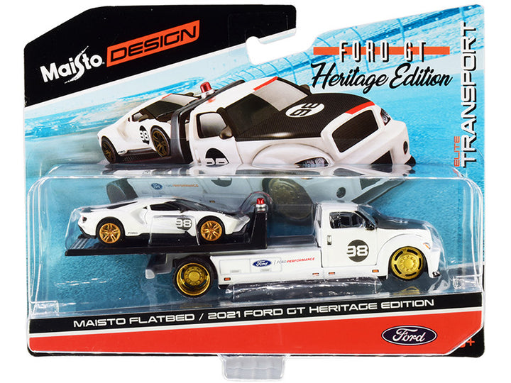 2021 Ford GT #98 Heritage Edition with Flatbed Truck White and Black "Elite Transport" Series 1/64 Diecast Model Cars by Maisto-0