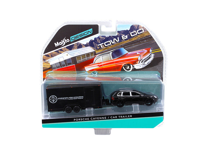Porsche Cayenne Black and Car Trailer Tow & Go 1/64 Diecast Model by Maisto-0
