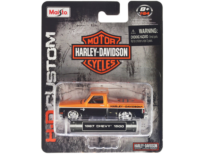 1987 Chevrolet 1500 Pickup Truck Orange Metallic and Black "Harley Davidson" "H-D Custom" Series 1/64 Diecast Model Car by Maisto-0