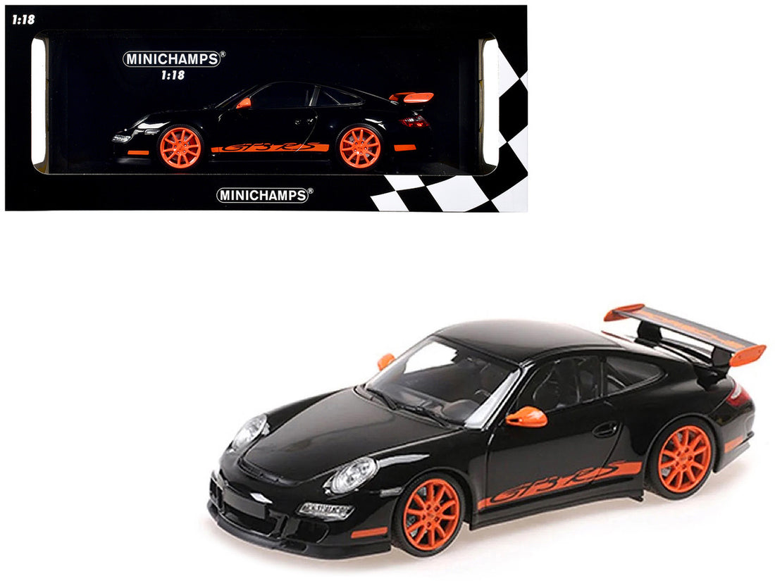 2007 Porsche 911 GT3 RS Black with Orange Stripes 1/18 Diecast Model Car by Minichamps-0