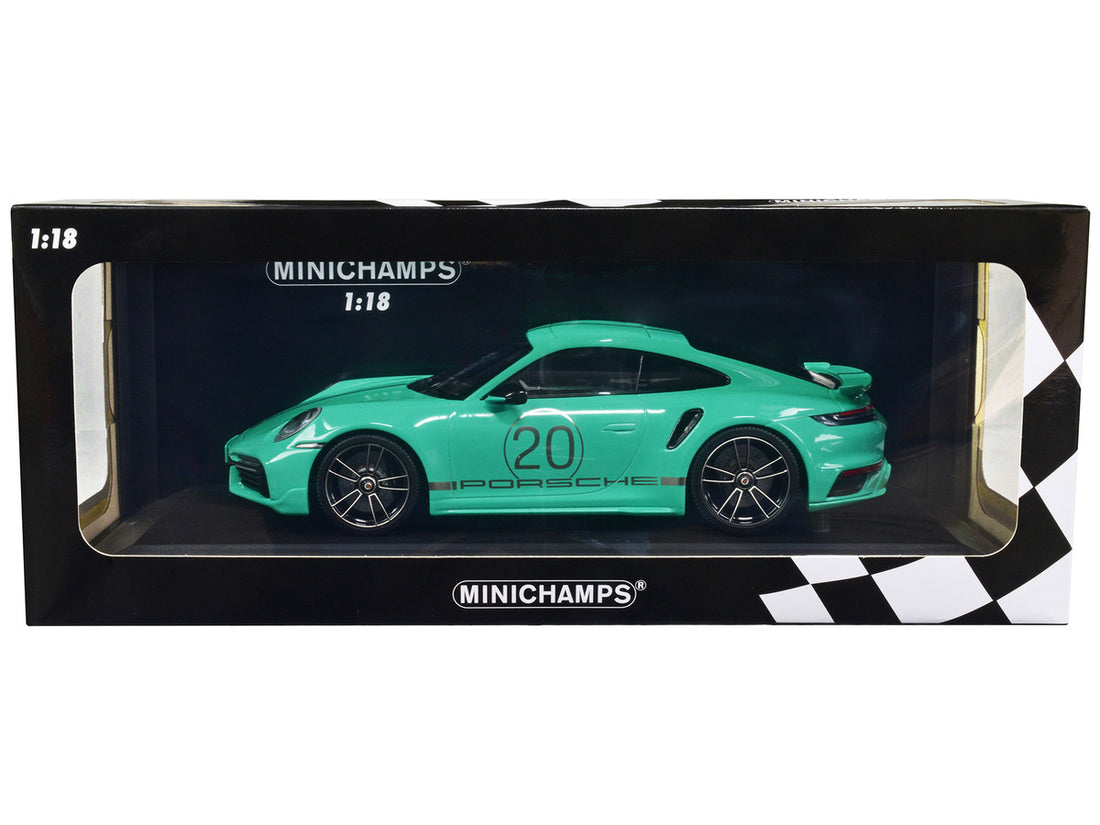 2021 Porsche 911 Turbo S with SportDesign Package #20 Green with Silver Stripes Limited Edition to 504 pieces Worldwide 1/18 Diecast Model Car by Minichamps-0