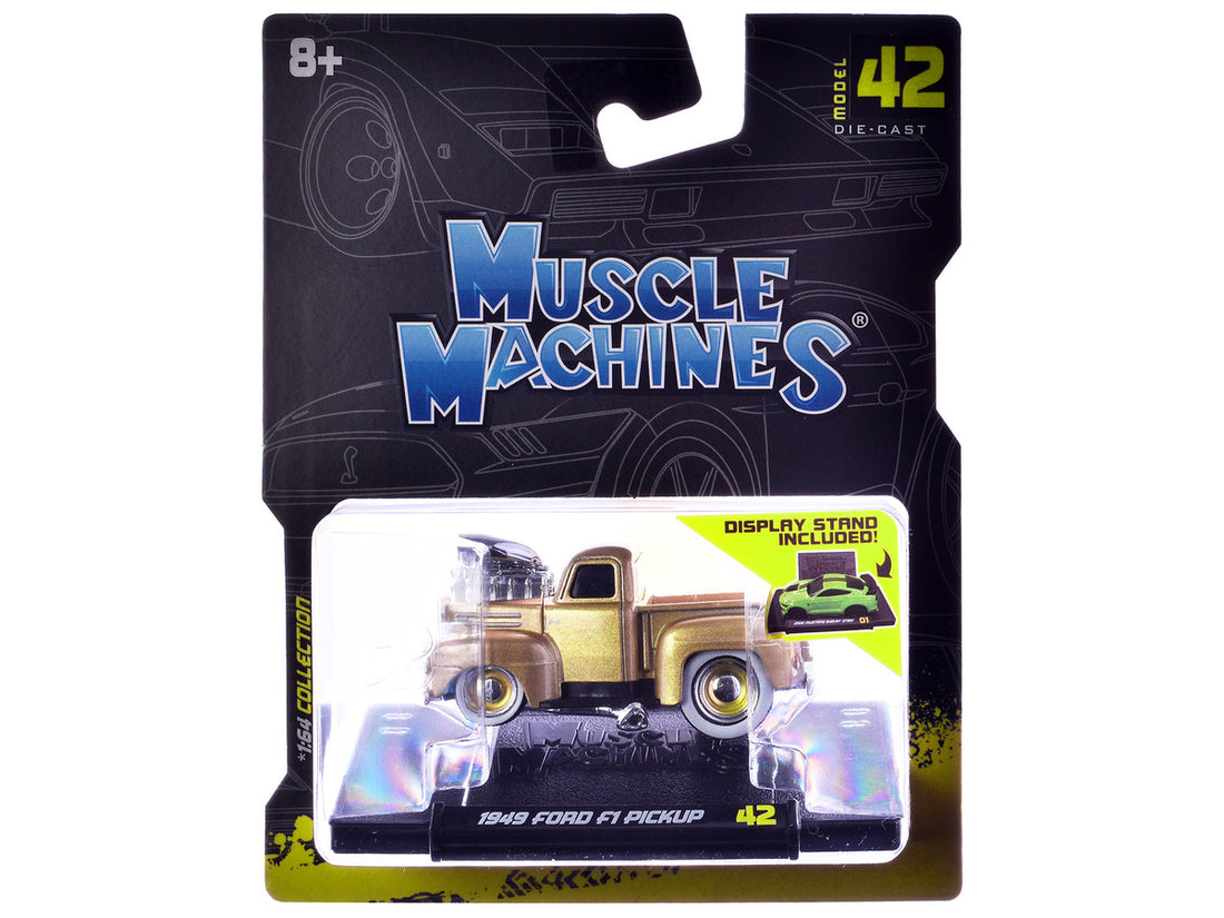 1949 Ford F1 Pickup Truck Gold Metallic 1/64 Diecast Model Car by Muscle Machines-2