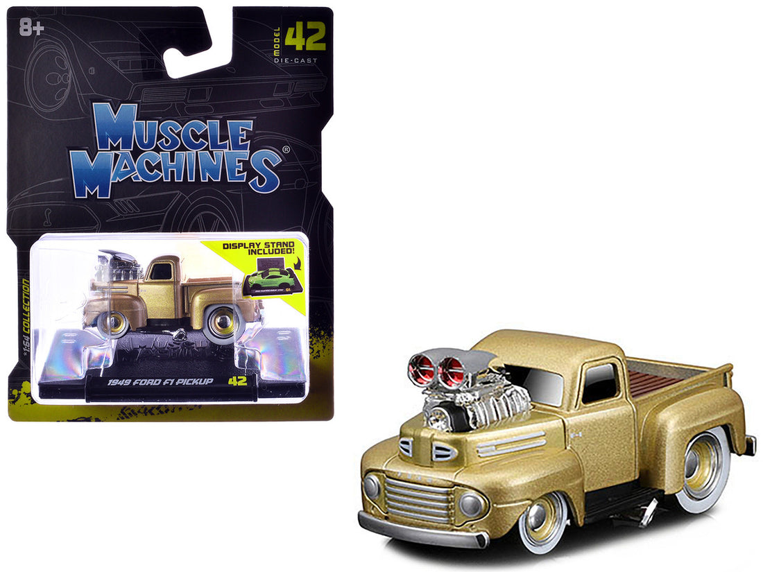 1949 Ford F1 Pickup Truck Gold Metallic 1/64 Diecast Model Car by Muscle Machines-0