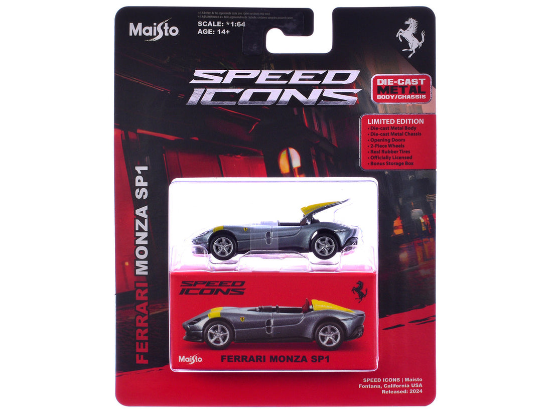 Ferrari Monza SP1 Silver Metallic with Yellow Stripes "Speed Icons" Series 1/64 Diecast Model Car by Maisto-0