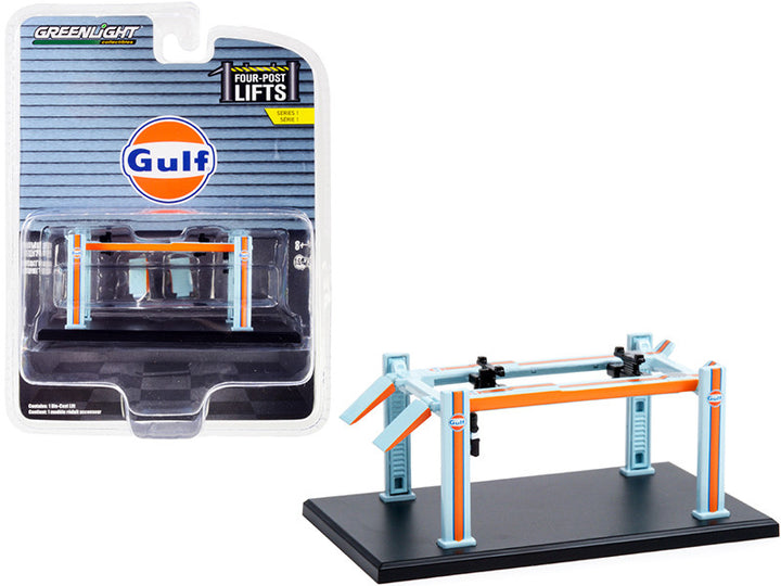 Adjustable Four-Post Lift "Gulf Oil" Light Blue and Orange "Four-Post Lifts" Series 1 1/64 Diecast Model by Greenlight-0