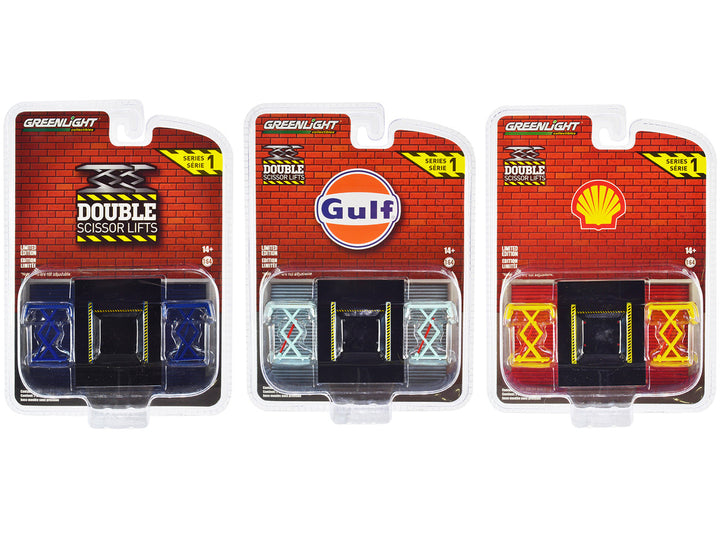 Automotive "Double Scissor Lifts" Set of 3 pieces Series 1 1/64 Diecast Models by Greenlight-0
