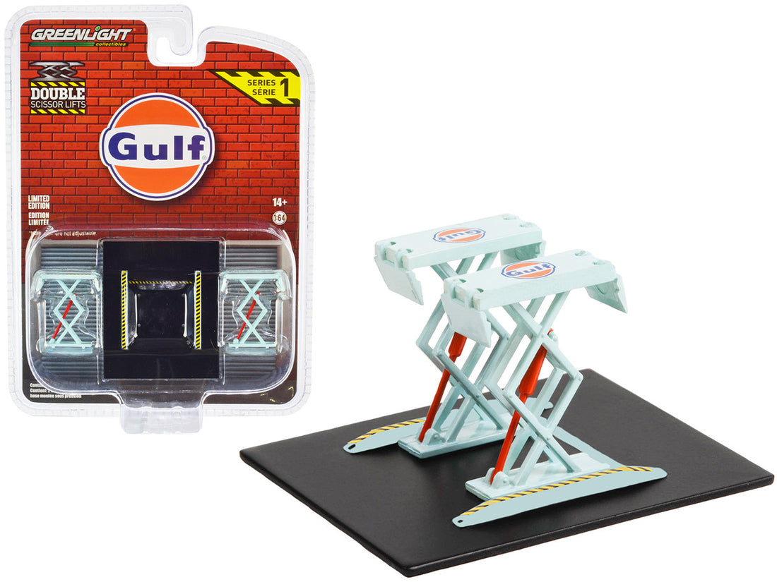 Automotive Double Scissor Lift "Gulf Oil" Light Blue "Double Scissor Lifts" Series 1 1/64 Diecast Model by Greenlight-0