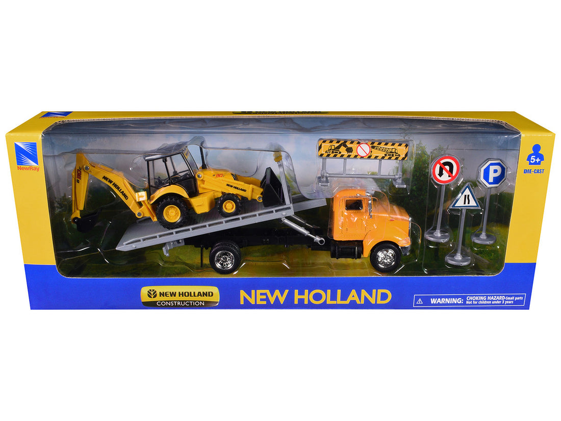 Peterbilt 335 Roll-Off Flatbed Truck and New Holland B110C Backhoe Loader with Street Signs "New Holland Construction" Diecast Models by New Ray-0