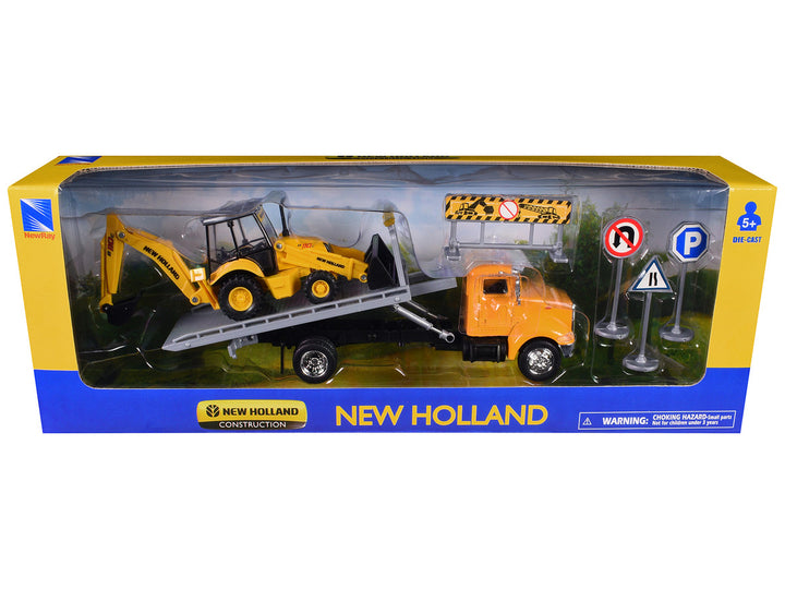 Peterbilt 335 Roll-Off Flatbed Truck and New Holland B110C Backhoe Loader with Street Signs "New Holland Construction" Diecast Models by New Ray-0