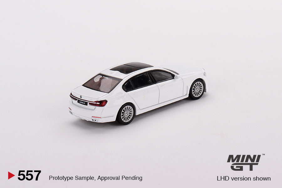 BMW Alpina B7 xDrive Alpine White 1:64 #557 by Mini-GT MGT00557 Angled Rear View