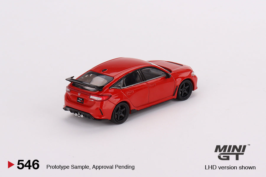 Honda Civic Type R Rallye Red 2023 W/ Advan GT Wheel #546 1:64 by Mini-GT MGT00546 Angled Rear View