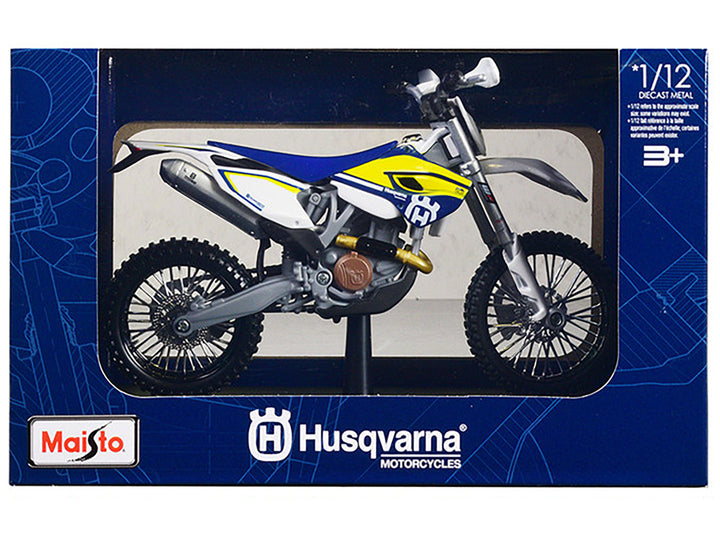 Husqvarna FE 501 White and Blue with Yellow Stripes 1/12 Diecast Motorcycle Model by Maisto-0