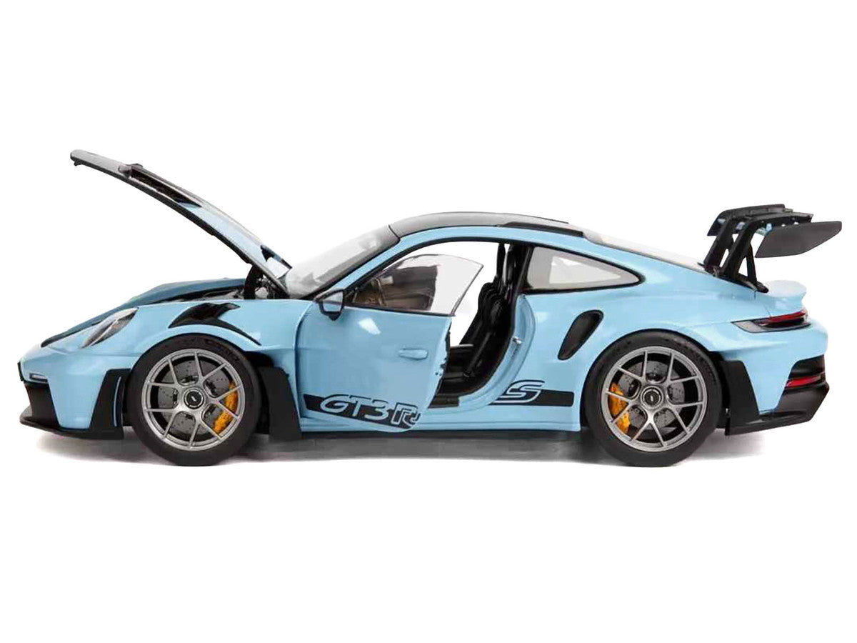 2022 Porsche 911 GT3 RS Weissach Pack Gulf Blue with Carbon Top and Hood Stripes 1/18 Diecast Model Car by Norev-0