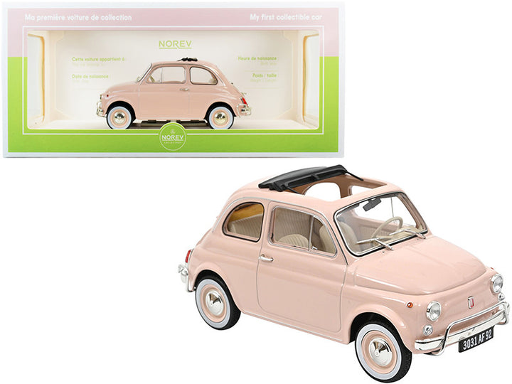 1968 Fiat 500L Pink with Special BIRTH Packaging "My First Collectible Car" 1/18 Diecast Model Car by Norev-0