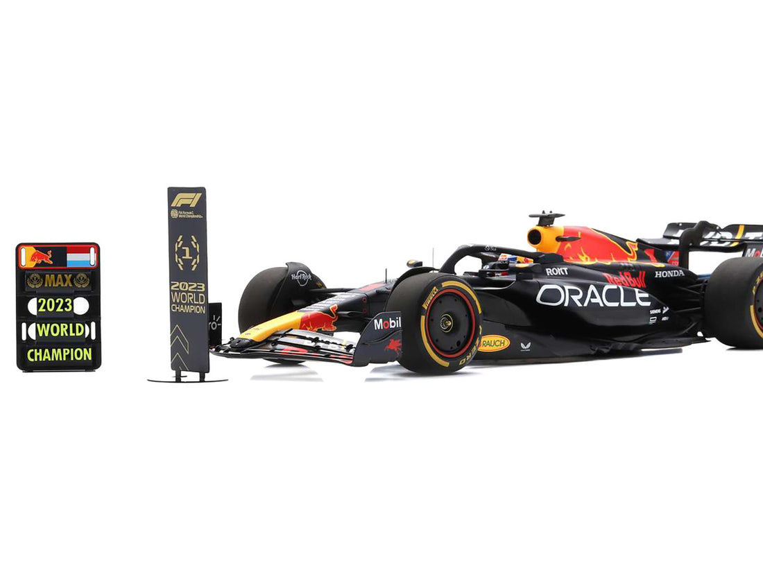 Red Bull Racing RB19 #1 Max Verstappen "Oracle" 2nd Place Formula One F1 "Qatar Sprint Race" (2023) with Number and Pit Board and Acrylic Display Case 1/18 Model Car by Spark-3
