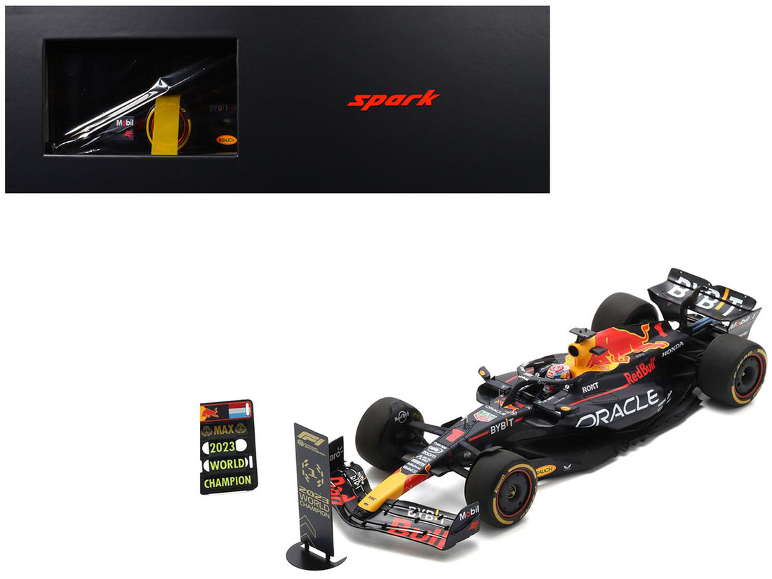 Red Bull Racing RB19 #1 Max Verstappen "Oracle" 2nd Place Formula One F1 "Qatar Sprint Race" (2023) with Number and Pit Board and Acrylic Display Case 1/18 Model Car by Spark-4