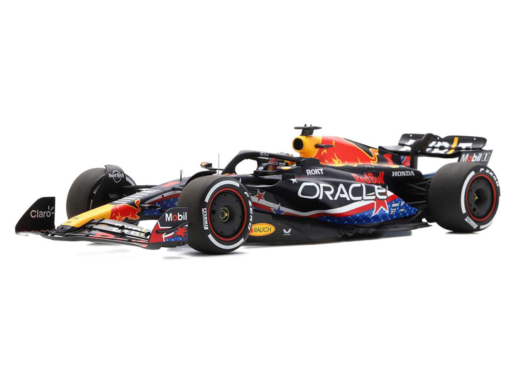 Red Bull Racing RB19 #1 Max Verstappen "Oracle" Winner Formula One F1 "United States GP" (2023) and Acrylic Display Case 1/18 Model Car by Spark-0