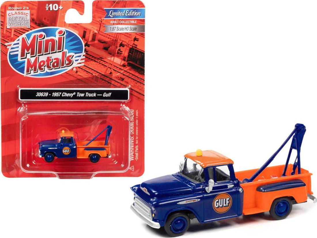 Chevrolet 1957 Stepside Tow Truck "Gulf" Blue and Orange 1/87 (HO) Scale Model Car by Classic Metal Works