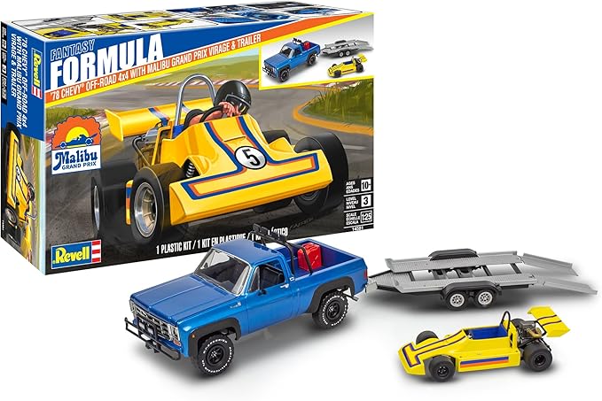 1978 Chevrolet Off-Road 4x4 Pickup Truck and "Malibu Grand Prix" Virage with Trailer "Fantasy Formula" 1/25 Scale Level 3 Model Kit by Revell