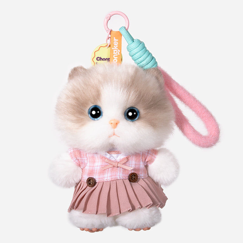 Chongker mini white cat plush keychain with pink outfit
