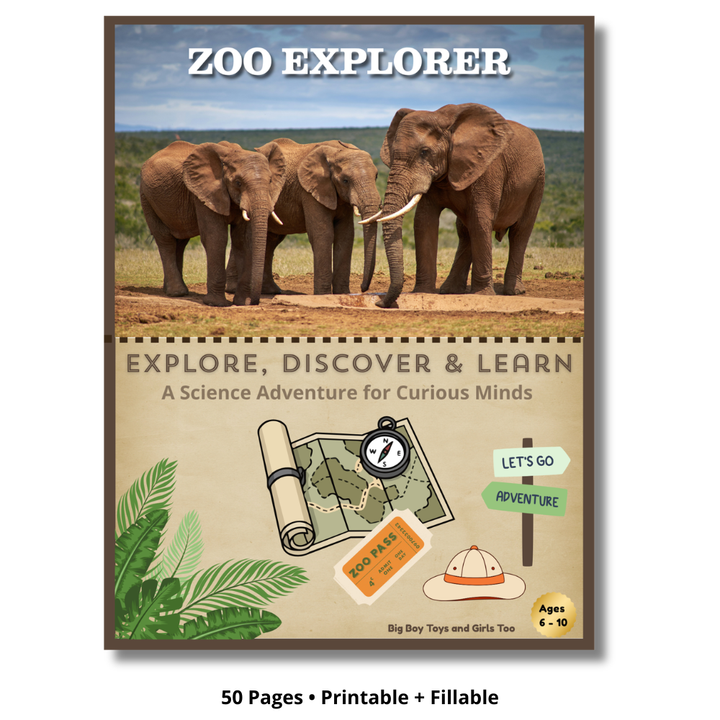 Zoo Explorer Learning and Activity Book printable PDF for kids ages 6 to 10 featuring educational zoo animal activities
