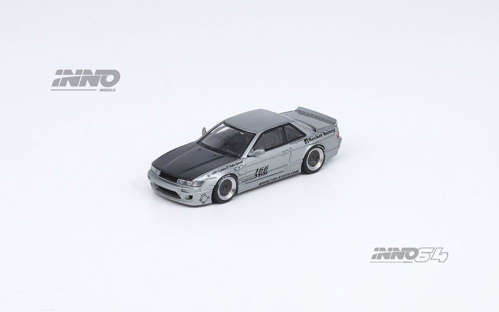 Nissan Silvia S13 (V1) Pandem Rocket Bunny in Silver 1:64 by Inno64 Angled Front View